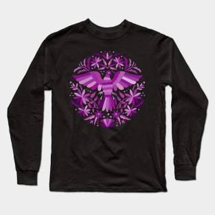 Flying Bird - Mexican Otomí Stamp Design in Purple Shades by Akbaly Long Sleeve T-Shirt